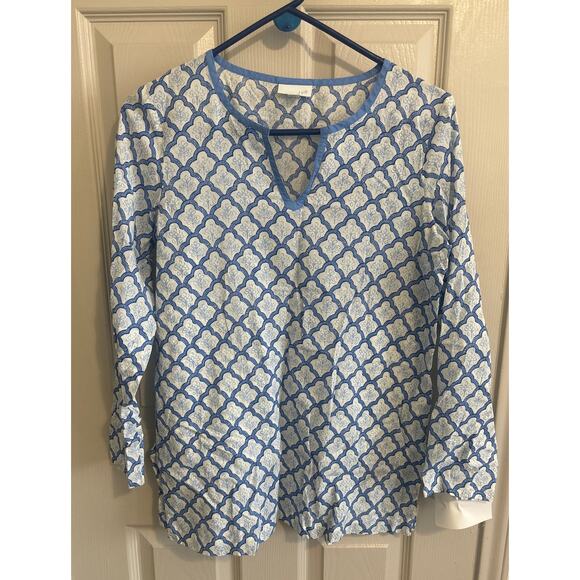 J‎ Jill XS Blue White Cotton Tunic Top Split Neck Patterned Long Sleeve Blouse - Picture 1 of 4